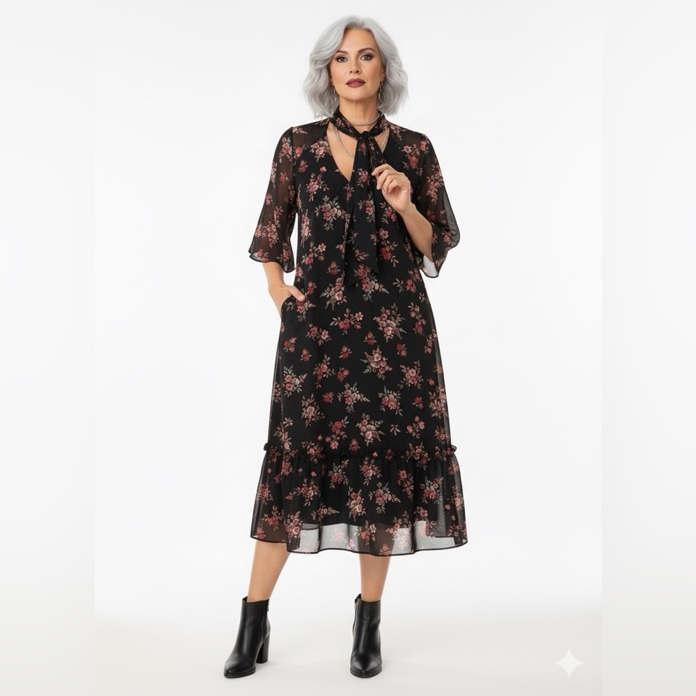 CITY CHIC Floral Chiffon Midi Dress Tie Neck Ruffle Hem Plus Size 22 🌸🖤